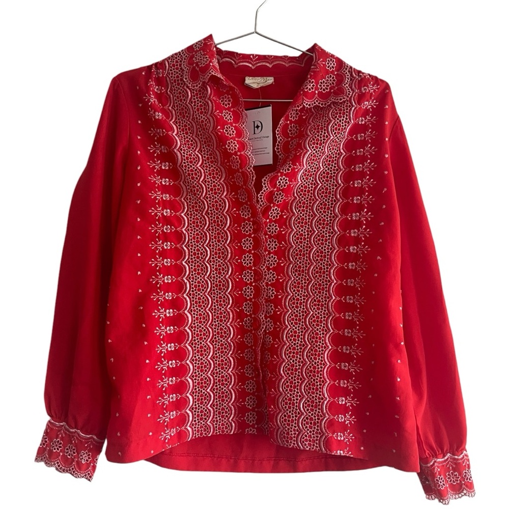 Vintage 1970s Red Embroidered Trim + Pattern Button Down Western Style Blouse